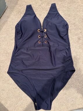 Kona Sol Navy One-Piece Swimsuit with Gold Eyelet Accents